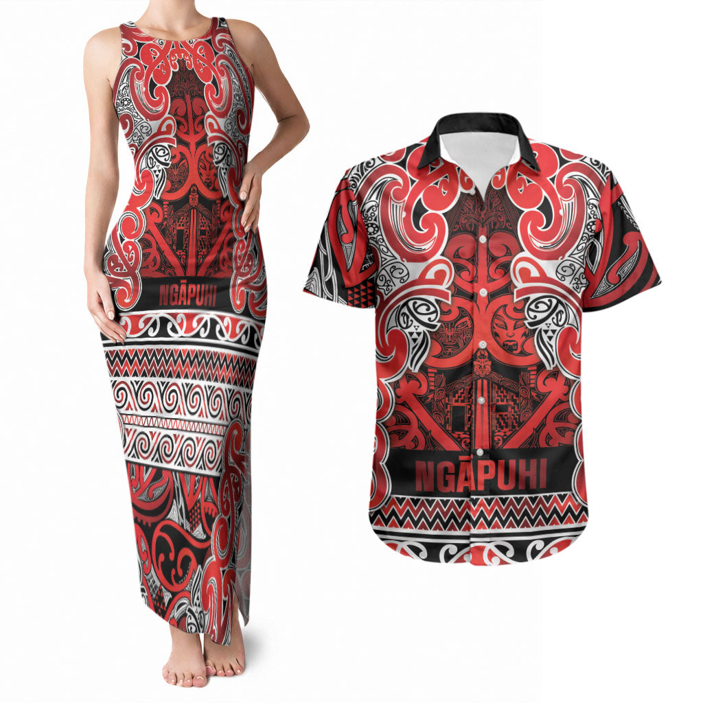 Aotearoa Iwi Ngapuhi Couples Matching Tank Maxi Dress and Hawaiian Shirt Maori Wharenui House Tribal Pattern LT9 Red - Polynesian Pride
