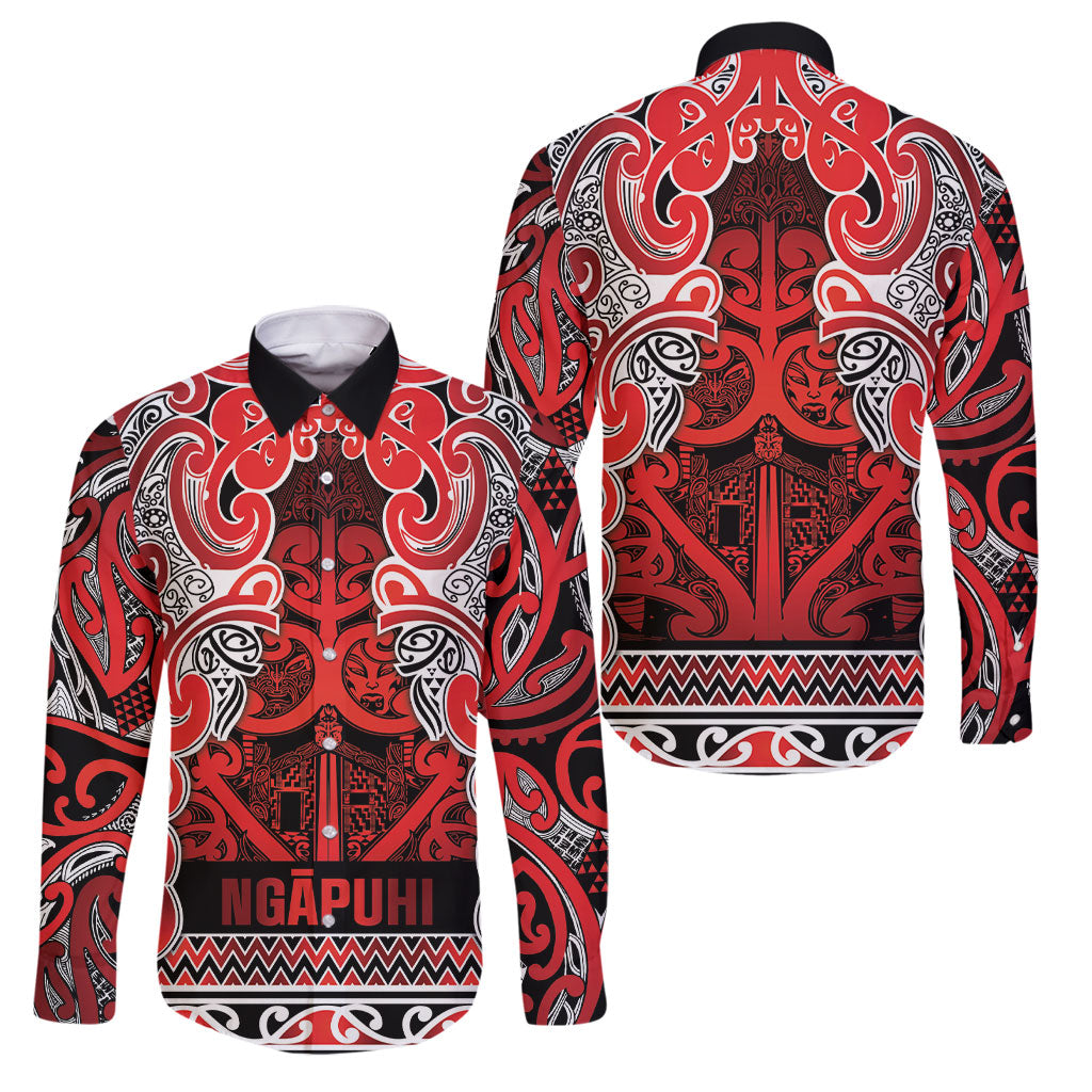 Aotearoa Iwi Ngapuhi Family Matching Mermaid Dress and Hawaiian Shirt Maori Wharenui House Tribal Pattern LT9 Dad's Shirt - Long Sleeve Red - Polynesian Pride