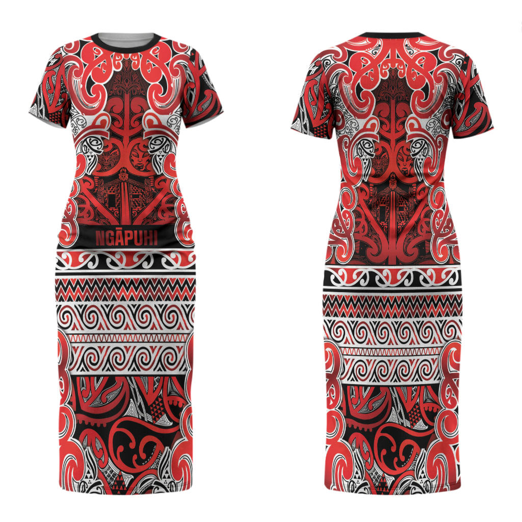 Aotearoa Iwi Ngapuhi Family Matching Short Sleeve Bodycon Dress and Hawaiian Shirt Maori Wharenui House Tribal Pattern LT9 Mom's Dress Red - Polynesian Pride