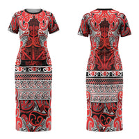Aotearoa Iwi Ngapuhi Family Matching Short Sleeve Bodycon Dress and Hawaiian Shirt Maori Wharenui House Tribal Pattern LT9 Mom's Dress Red - Polynesian Pride