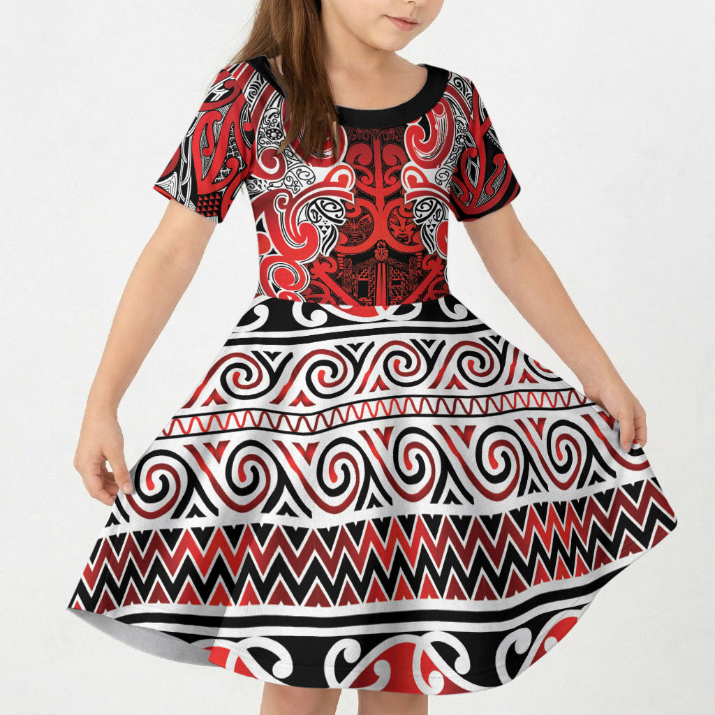 Aotearoa Iwi Ngapuhi Kid Short Sleeve Dress Maori Wharenui House Tribal Pattern LT9 KID Red - Polynesian Pride