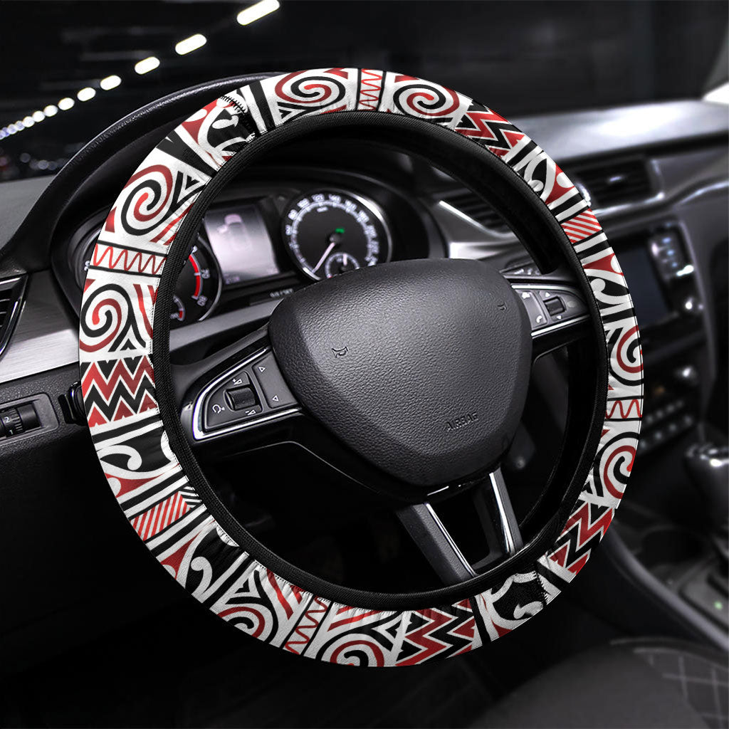 Aotearoa Iwi Ngapuhi Steering Wheel Cover Maori Wharenui House Tribal Pattern LT9 Universal Fit Red - Polynesian Pride