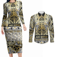 Aotearoa Iwi Ngati Whatua Couples Matching Long Sleeve Bodycon Dress and Long Sleeve Button Shirt Maori Wharenui House Tribal Pattern LT9 Gold - Polynesian Pride