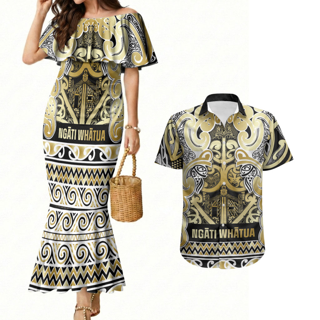 Aotearoa Iwi Ngati Whatua Couples Matching Mermaid Dress and Hawaiian Shirt Maori Wharenui House Tribal Pattern LT9 Gold - Polynesian Pride