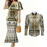 Aotearoa Iwi Ngati Whatua Couples Matching Mermaid Dress and Long Sleeve Button Shirt Maori Wharenui House Tribal Pattern LT9 Gold - Polynesian Pride