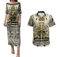 Aotearoa Iwi Ngati Whatua Couples Matching Puletasi and Hawaiian Shirt Maori Wharenui House Tribal Pattern LT9 Gold - Polynesian Pride