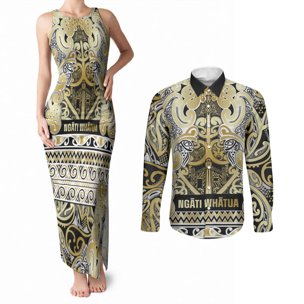 Aotearoa Iwi Ngati Whatua Couples Matching Tank Maxi Dress and Long Sleeve Button Shirt Maori Wharenui House Tribal Pattern LT9 Gold - Polynesian Pride