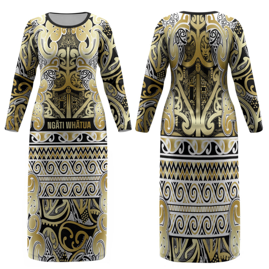 Aotearoa Iwi Ngati Whatua Family Matching Long Sleeve Bodycon Dress and Hawaiian Shirt Maori Wharenui House Tribal Pattern LT9 Mom's Dress Gold - Polynesian Pride