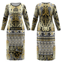 Aotearoa Iwi Ngati Whatua Family Matching Long Sleeve Bodycon Dress and Hawaiian Shirt Maori Wharenui House Tribal Pattern LT9 Mom's Dress Gold - Polynesian Pride