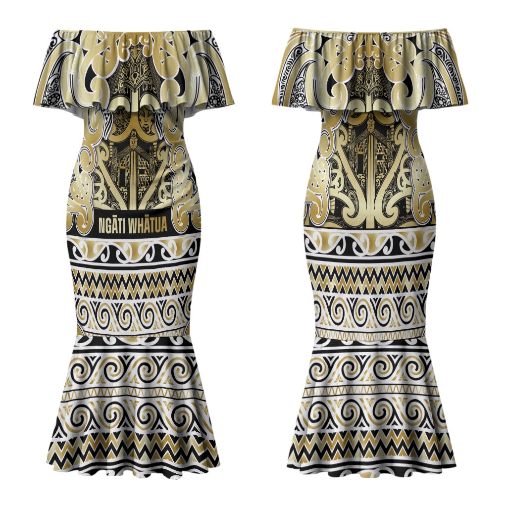Aotearoa Iwi Ngati Whatua Family Matching Mermaid Dress and Hawaiian Shirt Maori Wharenui House Tribal Pattern LT9 Mom's Dress Gold - Polynesian Pride