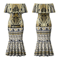 Aotearoa Iwi Ngati Whatua Family Matching Mermaid Dress and Hawaiian Shirt Maori Wharenui House Tribal Pattern LT9 Mom's Dress Gold - Polynesian Pride