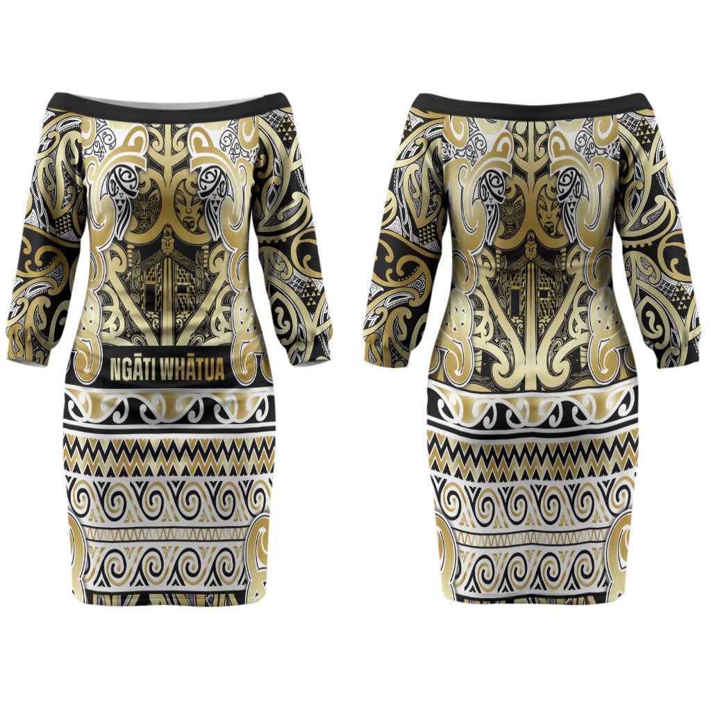 Aotearoa Iwi Ngati Whatua Family Matching Off The Shoulder Long Sleeve Dress and Hawaiian Shirt Maori Wharenui House Tribal Pattern LT9 Mom's Dress Gold - Polynesian Pride