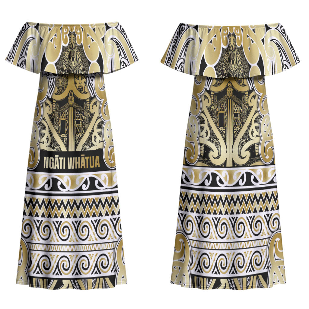 Aotearoa Iwi Ngati Whatua Family Matching Off Shoulder Maxi Dress and Hawaiian Shirt Maori Wharenui House Tribal Pattern LT9 Mom's Dress Gold - Polynesian Pride