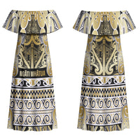 Aotearoa Iwi Ngati Whatua Family Matching Off Shoulder Maxi Dress and Hawaiian Shirt Maori Wharenui House Tribal Pattern LT9 Mom's Dress Gold - Polynesian Pride