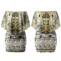 Aotearoa Iwi Ngati Whatua Family Matching Off Shoulder Short Dress and Hawaiian Shirt Maori Wharenui House Tribal Pattern LT9 Mom's Dress Gold - Polynesian Pride