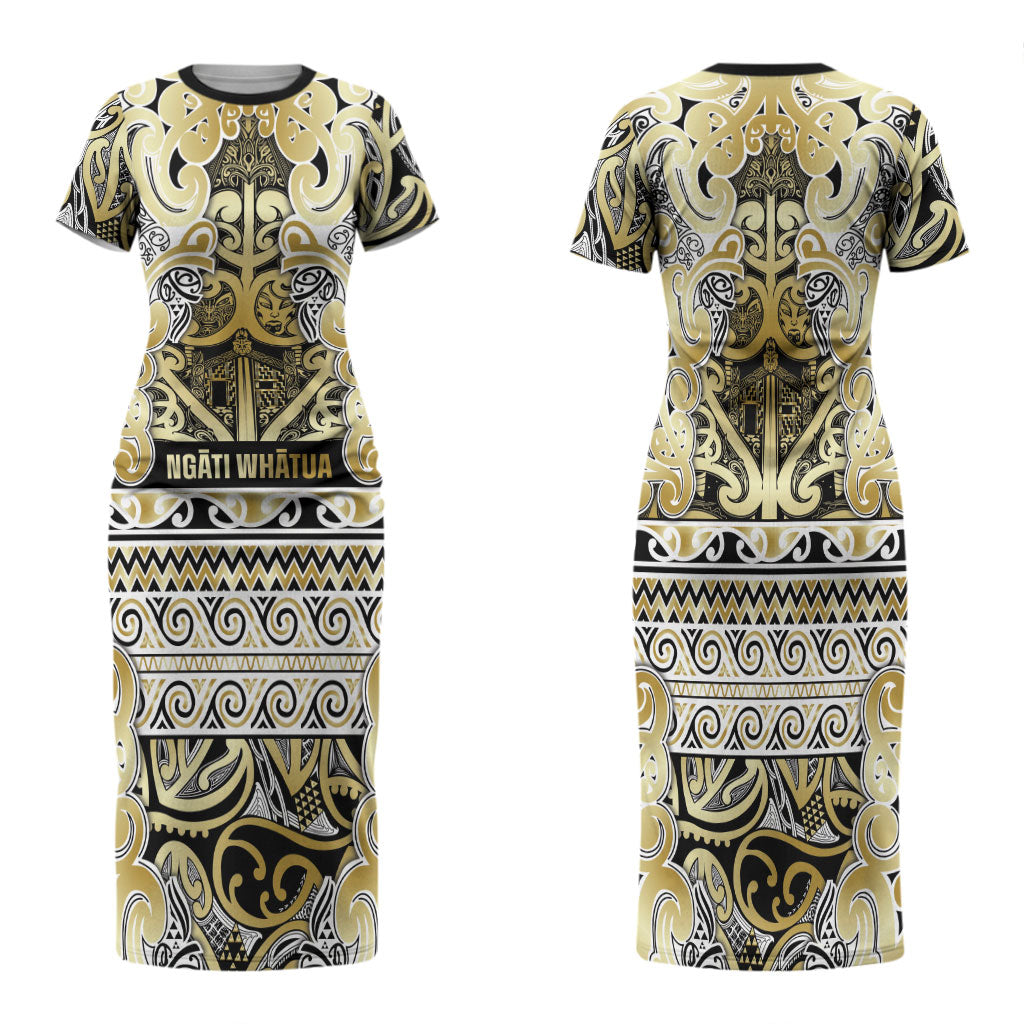 Aotearoa Iwi Ngati Whatua Family Matching Short Sleeve Bodycon Dress and Hawaiian Shirt Maori Wharenui House Tribal Pattern LT9 Mom's Dress Gold - Polynesian Pride