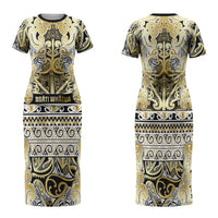 Aotearoa Iwi Ngati Whatua Family Matching Short Sleeve Bodycon Dress and Hawaiian Shirt Maori Wharenui House Tribal Pattern LT9 Mom's Dress Gold - Polynesian Pride