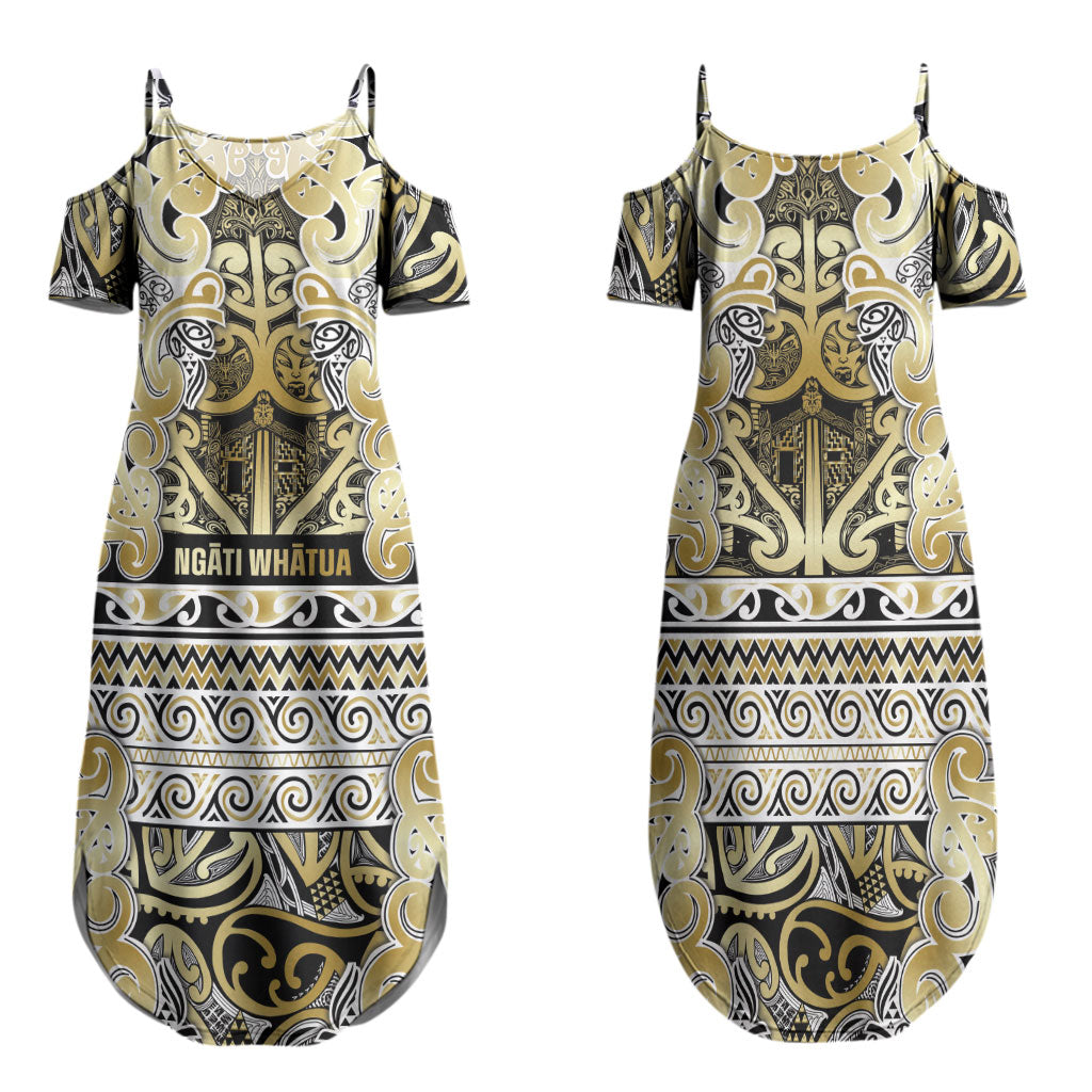 Aotearoa Iwi Ngati Whatua Family Matching Summer Maxi Dress and Hawaiian Shirt Maori Wharenui House Tribal Pattern LT9 Mom's Dress Gold - Polynesian Pride
