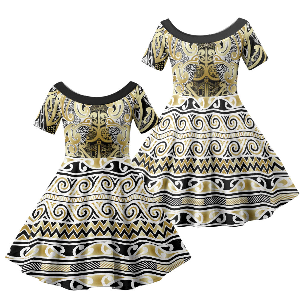 Aotearoa Iwi Ngati Whatua Family Matching Summer Maxi Dress and Hawaiian Shirt Maori Wharenui House Tribal Pattern LT9 Daughter's Dress Gold - Polynesian Pride