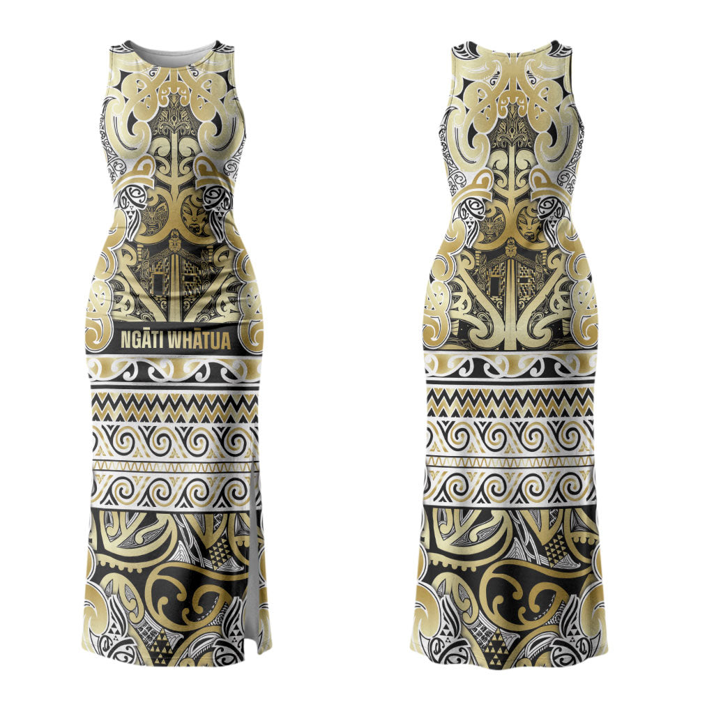 Aotearoa Iwi Ngati Whatua Family Matching Tank Maxi Dress and Hawaiian Shirt Maori Wharenui House Tribal Pattern LT9 Mom's Dress Gold - Polynesian Pride