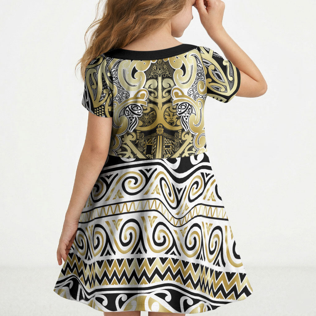 Aotearoa Iwi Ngati Whatua Kid Short Sleeve Dress Maori Wharenui House Tribal Pattern LT9 - Polynesian Pride