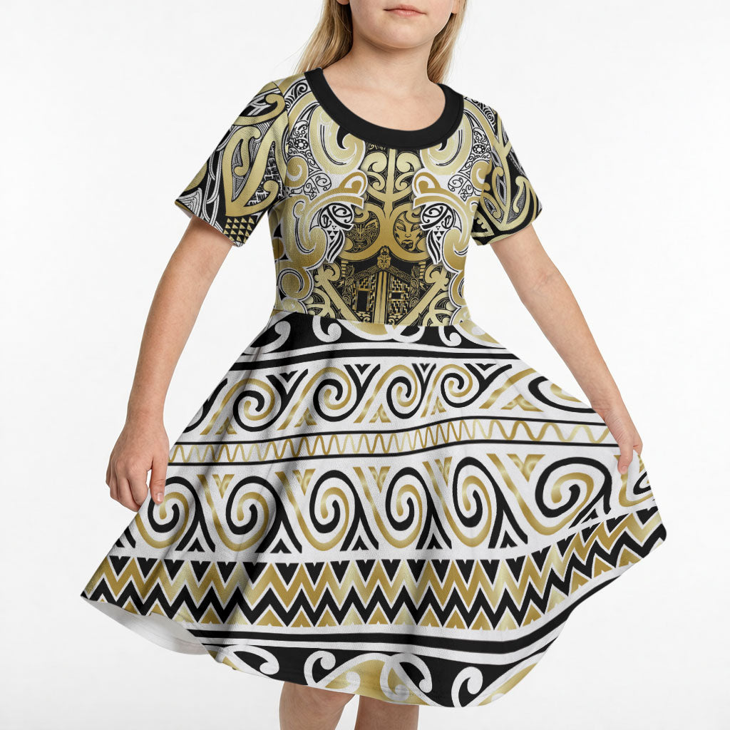 Aotearoa Iwi Ngati Whatua Kid Short Sleeve Dress Maori Wharenui House Tribal Pattern LT9 - Polynesian Pride