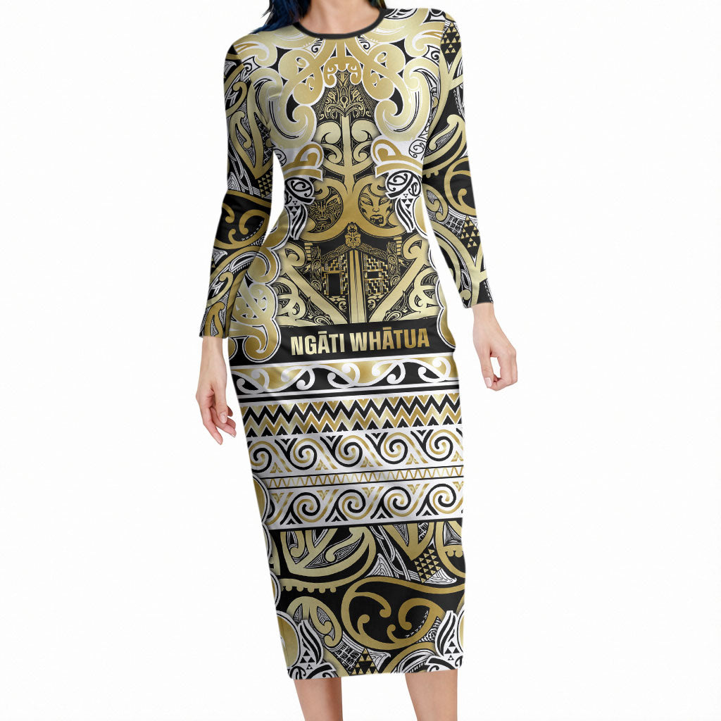 Aotearoa Iwi Ngati Whatua Long Sleeve Bodycon Dress Maori Wharenui House Tribal Pattern LT9 Long Dress Gold - Polynesian Pride