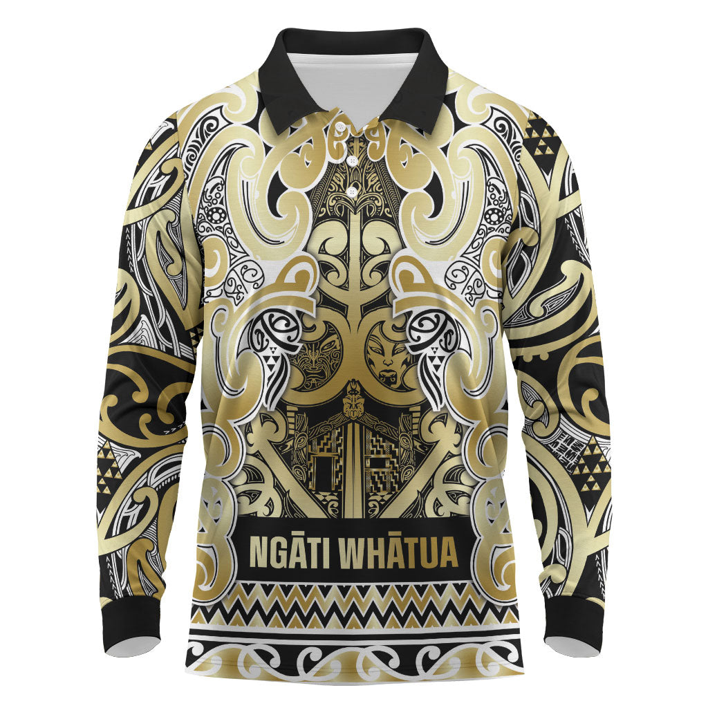 Aotearoa Iwi Ngati Whatua Long Sleeve Polo Shirt Maori Wharenui House Tribal Pattern LT9 Gold - Polynesian Pride