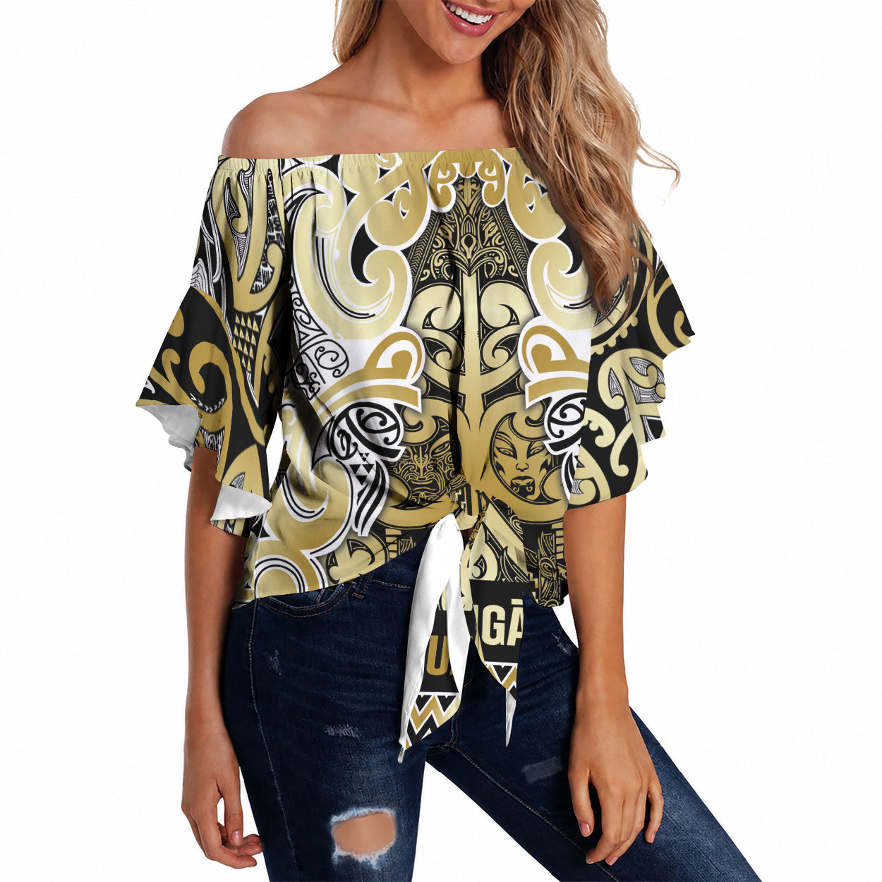 Aotearoa Iwi Ngati Whatua Off Shoulder Wrap Waist Top Maori Wharenui House Tribal Pattern LT9 Gold - Polynesian Pride