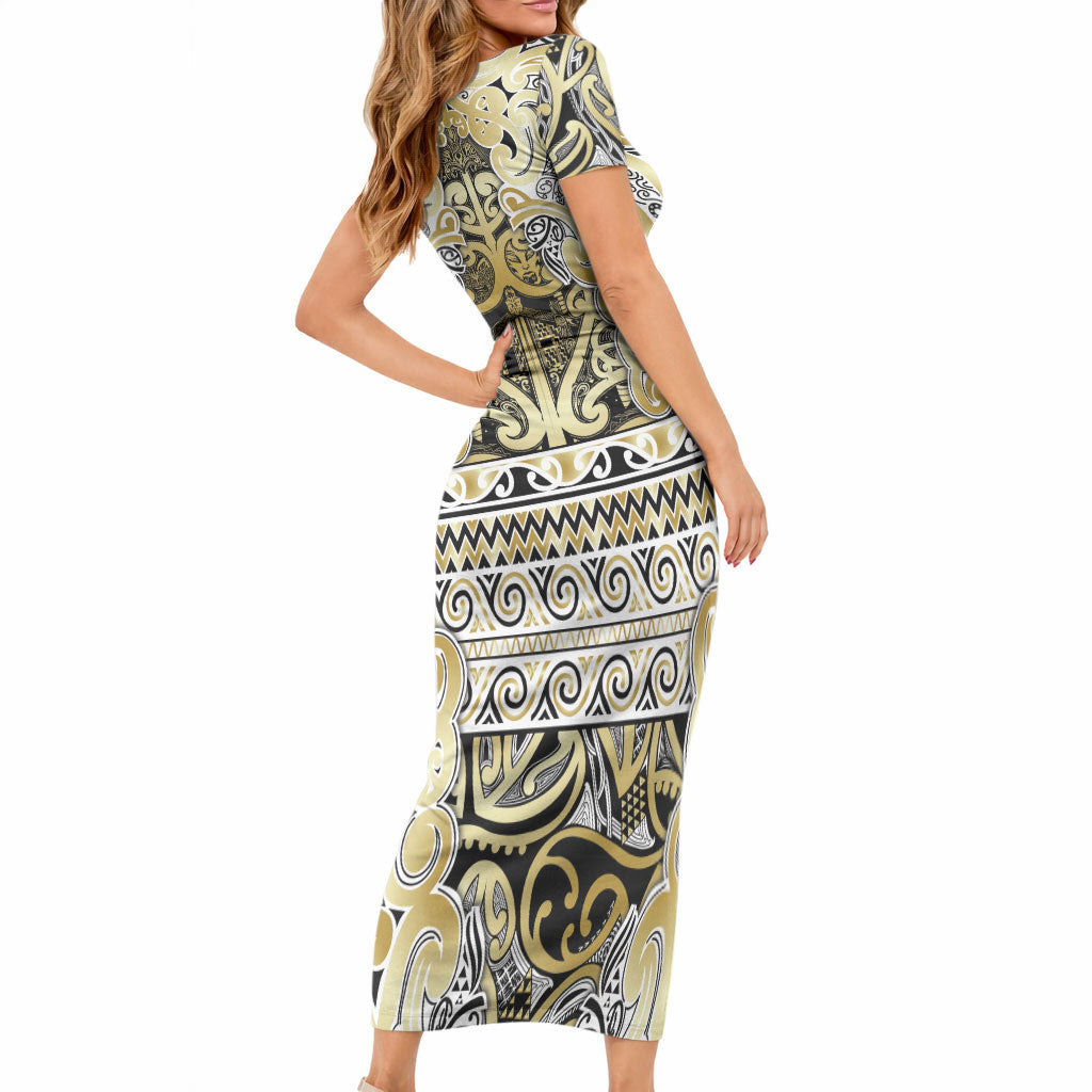 Aotearoa Iwi Ngati Whatua Short Sleeve Bodycon Dress Maori Wharenui House Tribal Pattern LT9 - Polynesian Pride