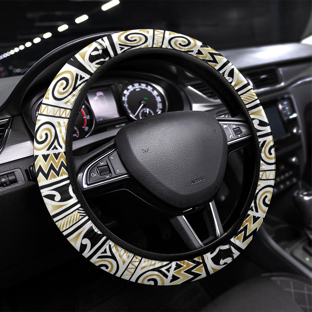Aotearoa Iwi Ngati Whatua Steering Wheel Cover Maori Wharenui House Tribal Pattern LT9 Universal Fit Gold - Polynesian Pride