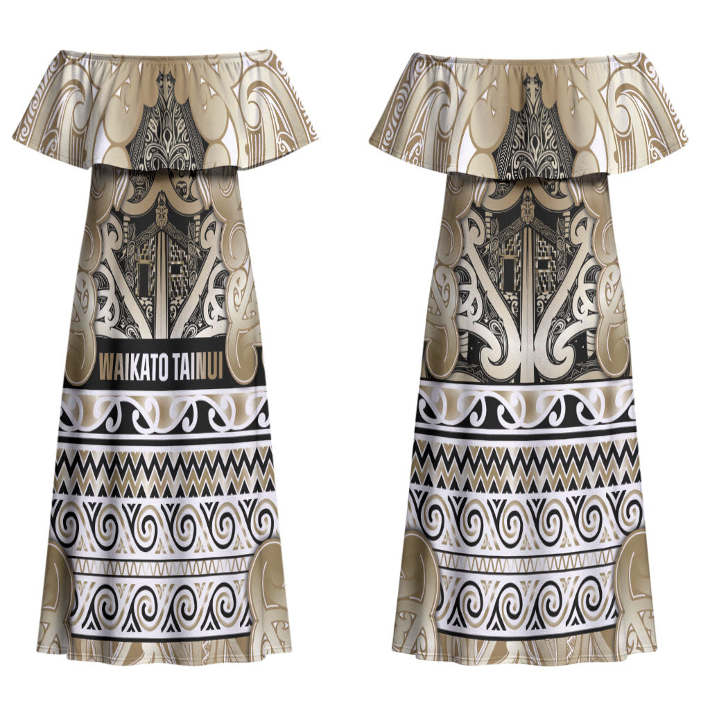 Aotearoa Iwi Waikato Tainui Couples Matching Off Shoulder Maxi Dress and Long Sleeve Button Shirt Maori Wharenui House Tribal Pattern LT9 - Polynesian Pride