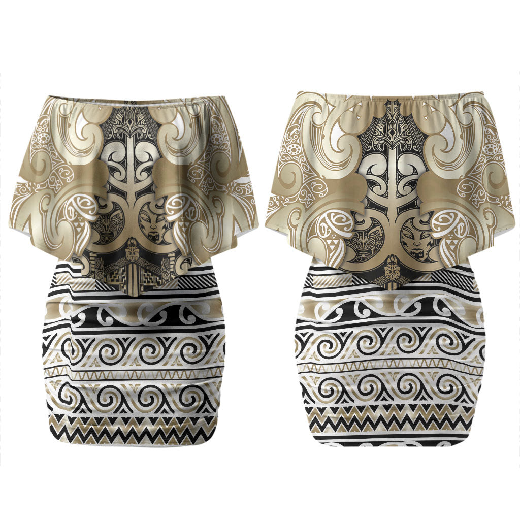 Aotearoa Iwi Waikato Tainui Couples Matching Off Shoulder Short Dress and Long Sleeve Button Shirt Maori Wharenui House Tribal Pattern LT9 - Polynesian Pride