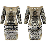 Aotearoa Iwi Waikato Tainui Couples Matching Off The Shoulder Long Sleeve Dress and Hawaiian Shirt Maori Wharenui House Tribal Pattern LT9 - Polynesian Pride