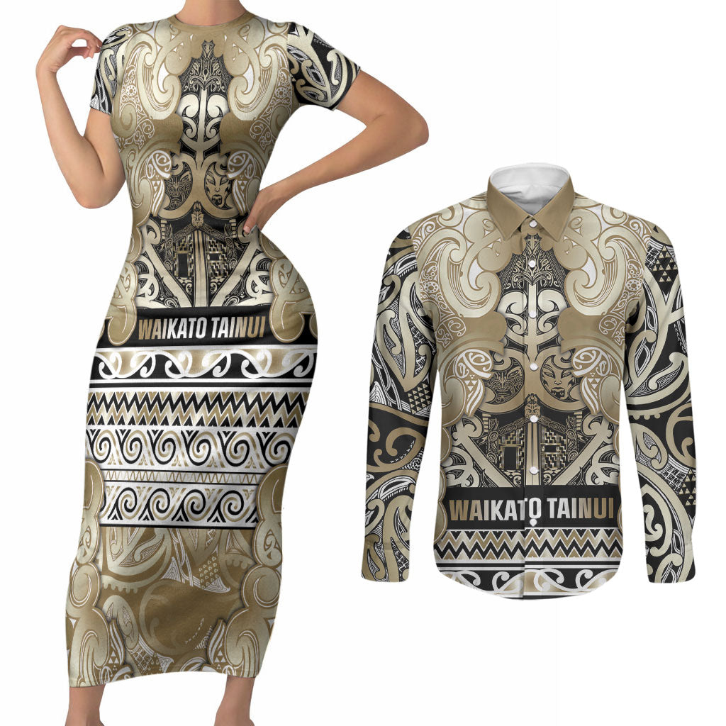 Aotearoa Iwi Waikato Tainui Couples Matching Short Sleeve Bodycon Dress and Long Sleeve Button Shirt Maori Wharenui House Tribal Pattern LT9 Light Gold - Polynesian Pride