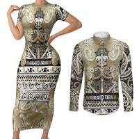 Aotearoa Iwi Waikato Tainui Couples Matching Short Sleeve Bodycon Dress and Long Sleeve Button Shirt Maori Wharenui House Tribal Pattern LT9 Light Gold - Polynesian Pride