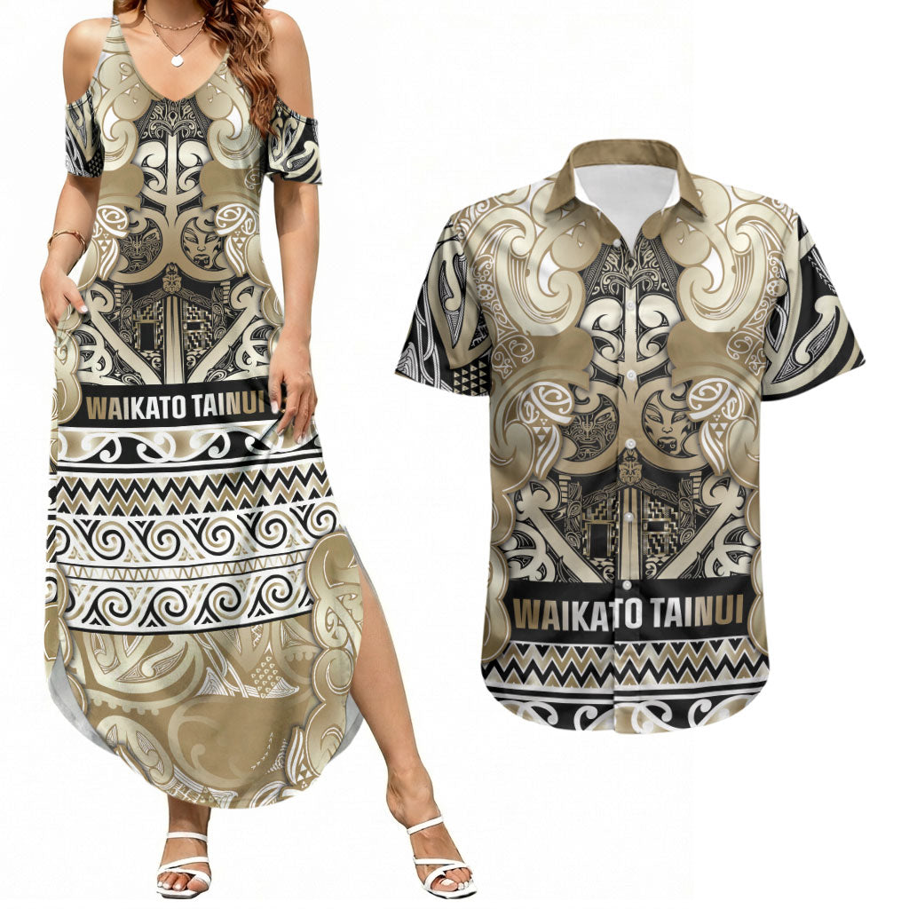 Aotearoa Iwi Waikato Tainui Couples Matching Summer Maxi Dress and Hawaiian Shirt Maori Wharenui House Tribal Pattern LT9 Light Gold - Polynesian Pride