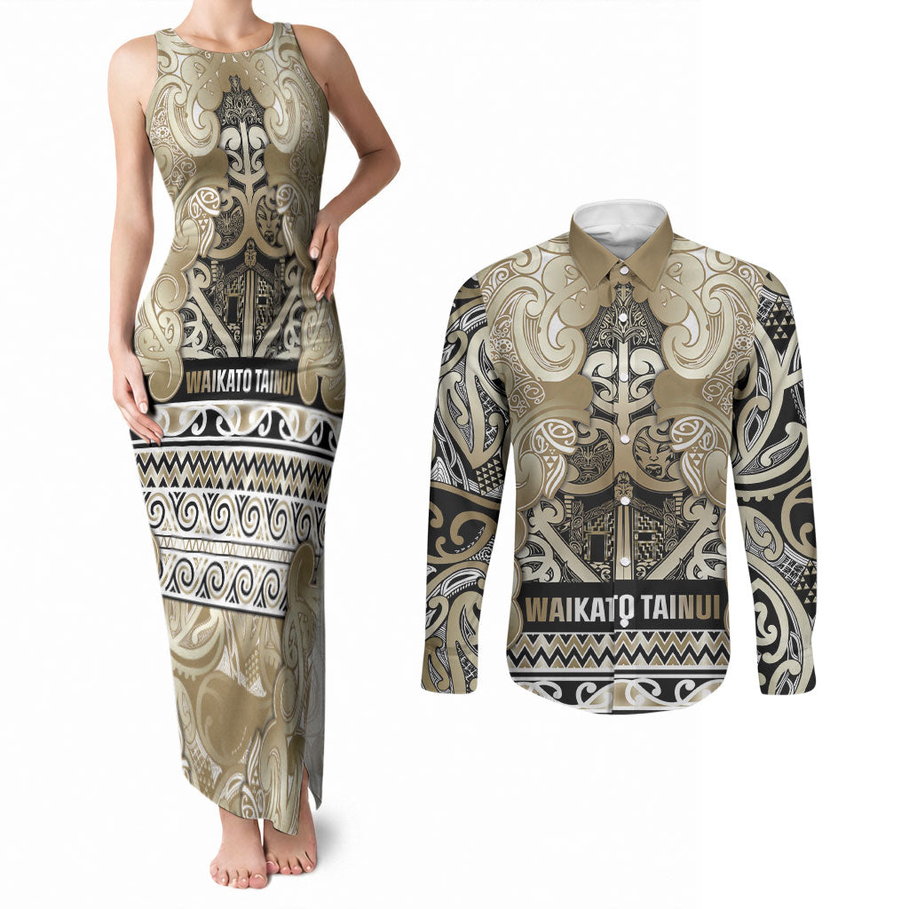 Aotearoa Iwi Waikato Tainui Couples Matching Tank Maxi Dress and Long Sleeve Button Shirt Maori Wharenui House Tribal Pattern LT9 Light Gold - Polynesian Pride
