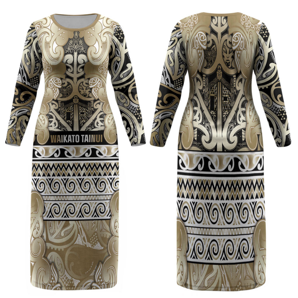 Aotearoa Iwi Waikato Tainui Family Matching Long Sleeve Bodycon Dress and Hawaiian Shirt Maori Wharenui House Tribal Pattern LT9 Mom's Dress Light Gold - Polynesian Pride