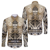Aotearoa Iwi Waikato Tainui Family Matching Long Sleeve Bodycon Dress and Hawaiian Shirt Maori Wharenui House Tribal Pattern LT9 Dad's Shirt - Long Sleeve Light Gold - Polynesian Pride