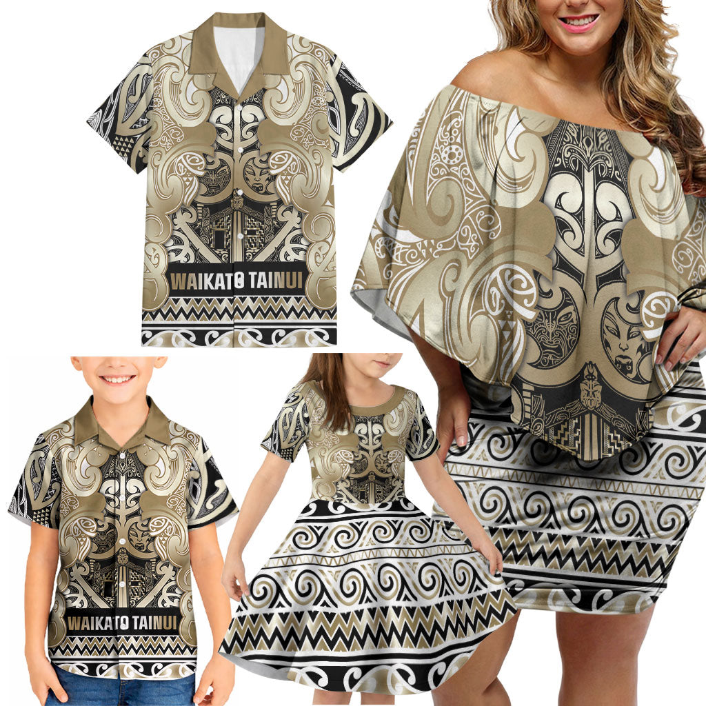 Aotearoa Iwi Waikato Tainui Family Matching Off Shoulder Short Dress and Hawaiian Shirt Maori Wharenui House Tribal Pattern LT9 - Polynesian Pride