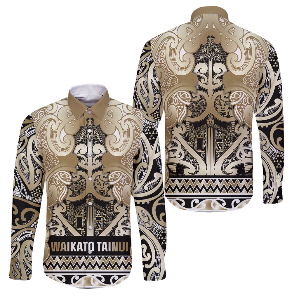 Aotearoa Iwi Waikato Tainui Family Matching Puletasi and Hawaiian Shirt Maori Wharenui House Tribal Pattern LT9 Dad's Shirt - Long Sleeve Light Gold - Polynesian Pride