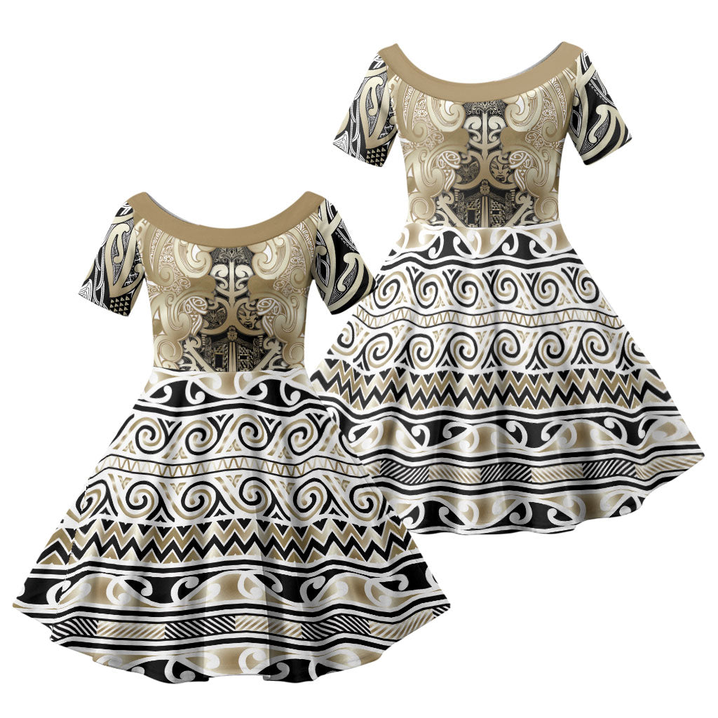 Aotearoa Iwi Waikato Tainui Family Matching Puletasi and Hawaiian Shirt Maori Wharenui House Tribal Pattern LT9 Daughter's Dress Light Gold - Polynesian Pride