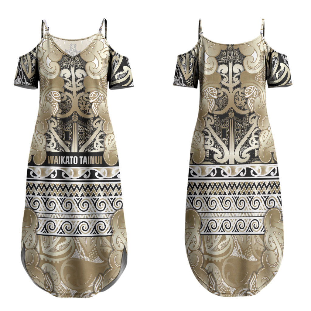 Aotearoa Iwi Waikato Tainui Family Matching Summer Maxi Dress and Hawaiian Shirt Maori Wharenui House Tribal Pattern LT9 Mom's Dress Light Gold - Polynesian Pride