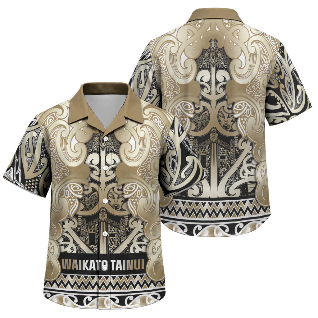 Aotearoa Iwi Waikato Tainui Family Matching Summer Maxi Dress and Hawaiian Shirt Maori Wharenui House Tribal Pattern LT9 Son's Shirt Light Gold - Polynesian Pride