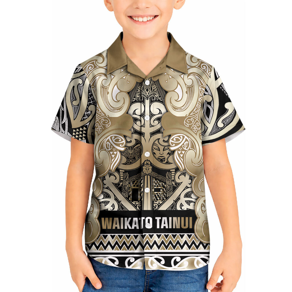 Aotearoa Iwi Waikato Tainui Kid Hawaiian Shirt Maori Wharenui House Tribal Pattern LT9 Kid Light Gold - Polynesian Pride