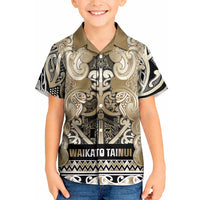 Aotearoa Iwi Waikato Tainui Kid Hawaiian Shirt Maori Wharenui House Tribal Pattern LT9 Kid Light Gold - Polynesian Pride