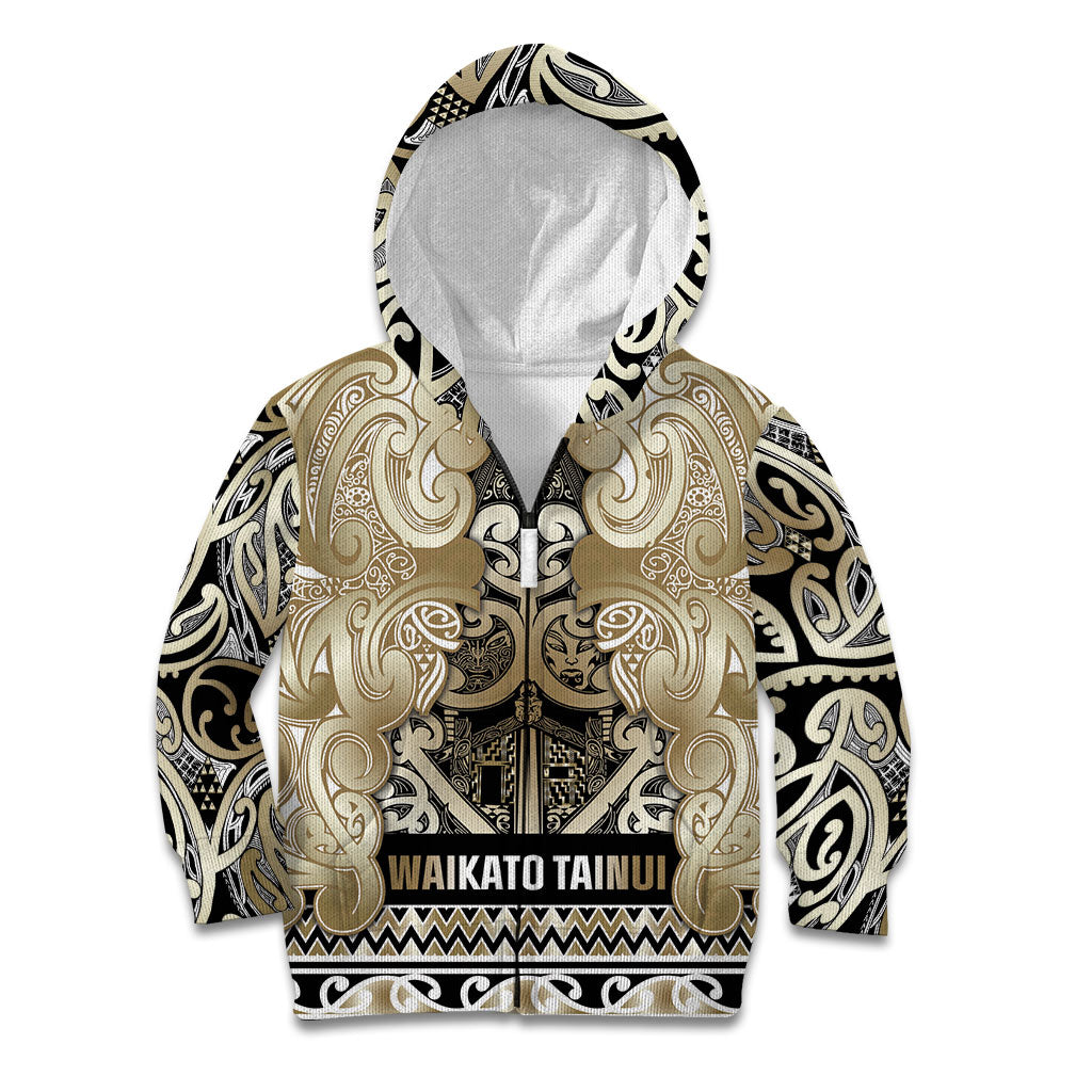 Aotearoa Iwi Waikato Tainui Kid Hoodie Maori Wharenui House Tribal Pattern LT9 Zip Hoodie Light Gold - Polynesian Pride
