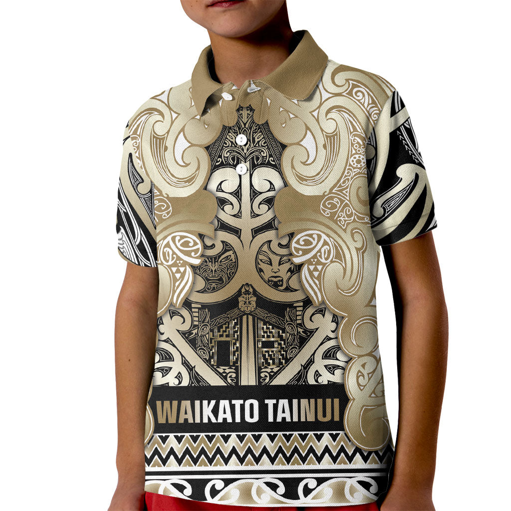 Aotearoa Iwi Waikato Tainui Kid Polo Shirt Maori Wharenui House Tribal Pattern LT9 Kid Light Gold - Polynesian Pride