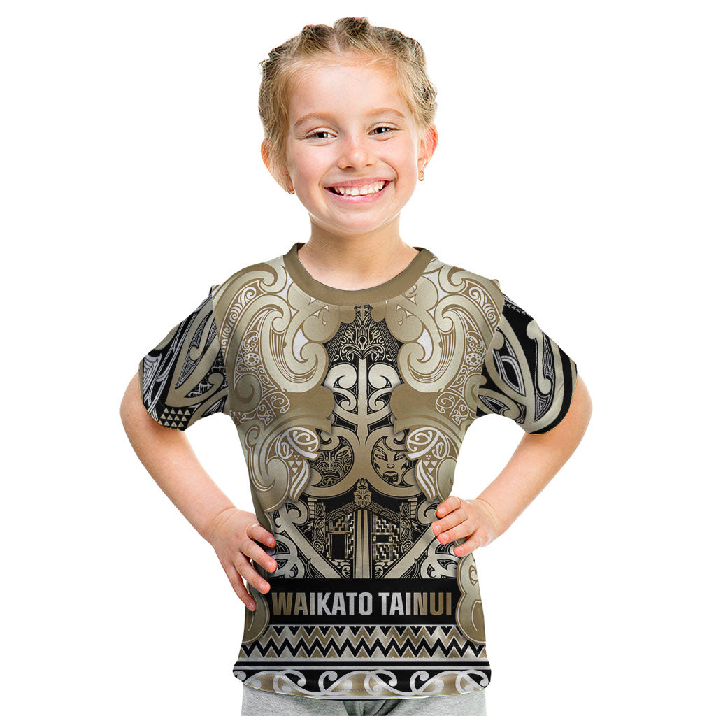 Aotearoa Iwi Waikato Tainui Kid T Shirt Maori Wharenui House Tribal Pattern LT9 Light Gold - Polynesian Pride